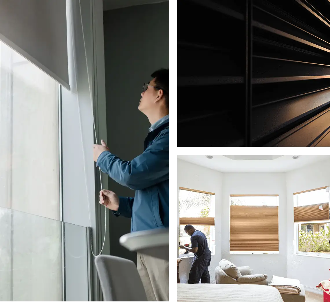 Person adjusting a window blind in a modern, bright room.